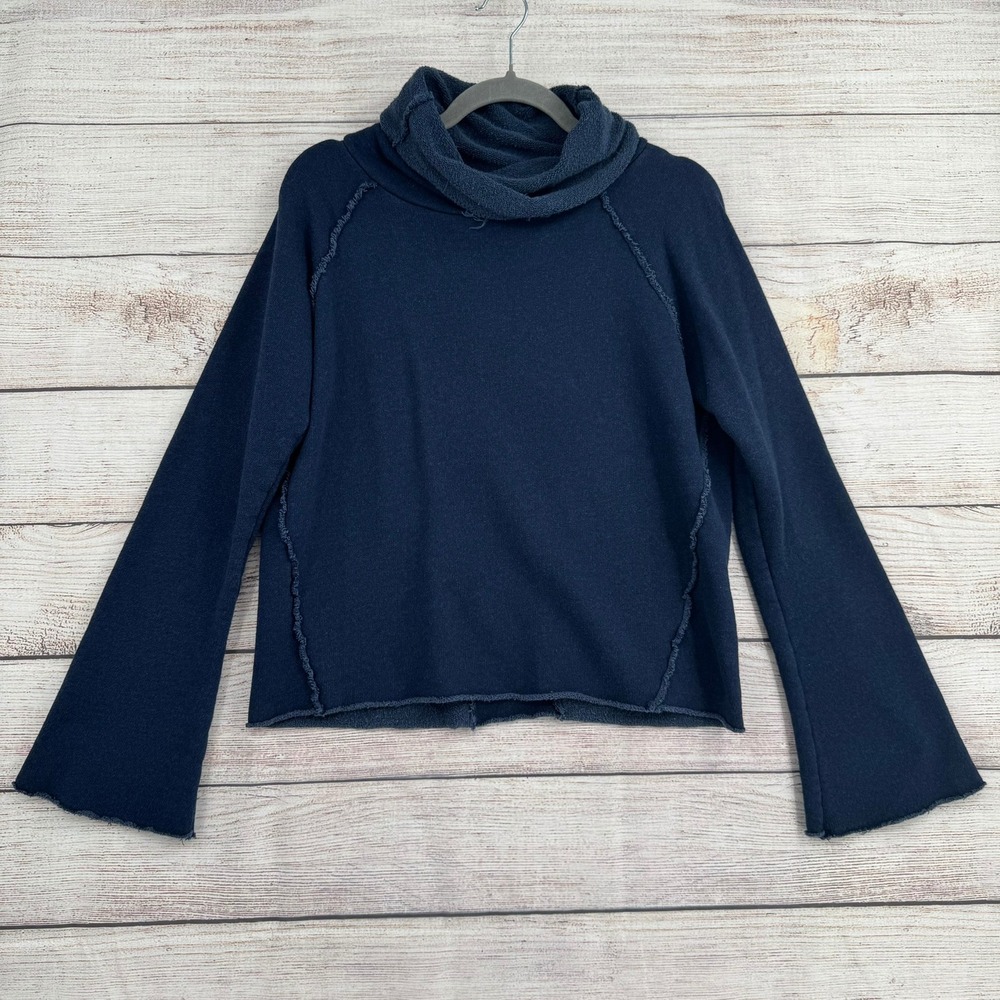 Alala Cowl Neck Sweatshirt Womens Small Navy Blue Raw Seam Bell Sleeve